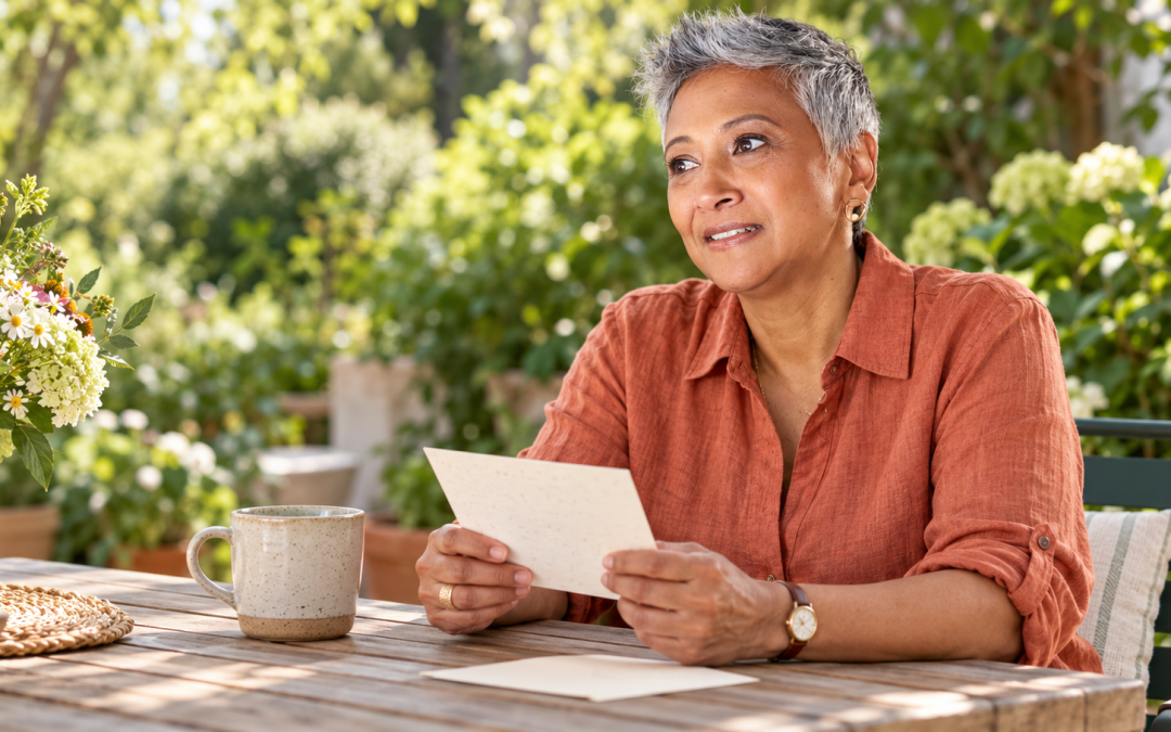 Woman holding a card at a wooden table in a leafy garden.